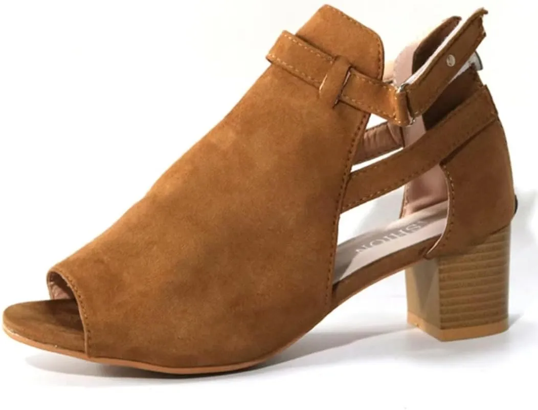 Womens Suede Peep Toe Chunky Heels Ankle Booties with Ankle Strap Cutout Wedge Back Zipper Sandals Dress Walking Boots