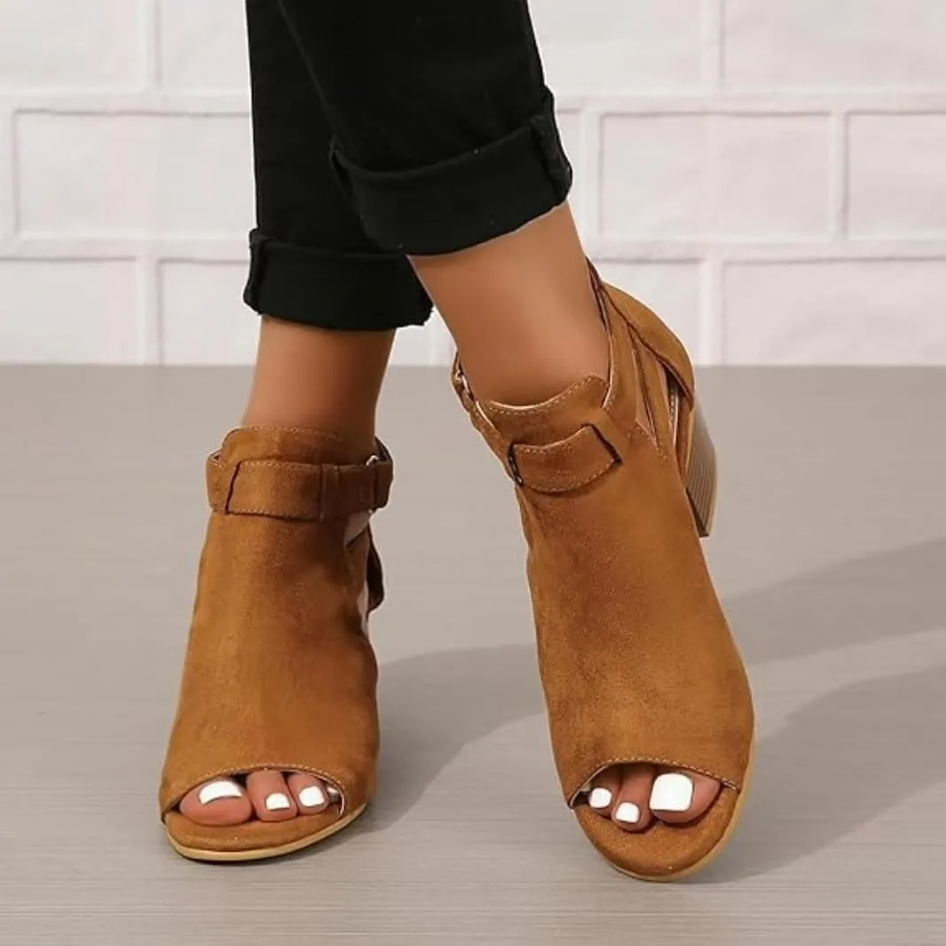 Womens Suede Peep Toe Chunky Heels Ankle Booties with Ankle Strap Cutout Wedge Back Zipper Sandals Dress Walking Boots