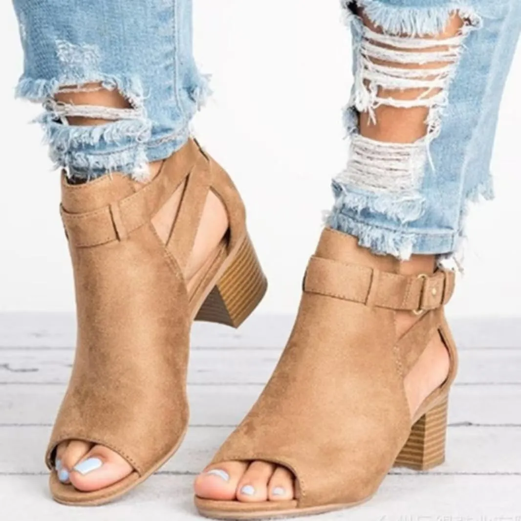 Womens Suede Peep Toe Chunky Heels Ankle Booties with Ankle Strap Cutout Wedge Back Zipper Sandals Dress Walking Boots