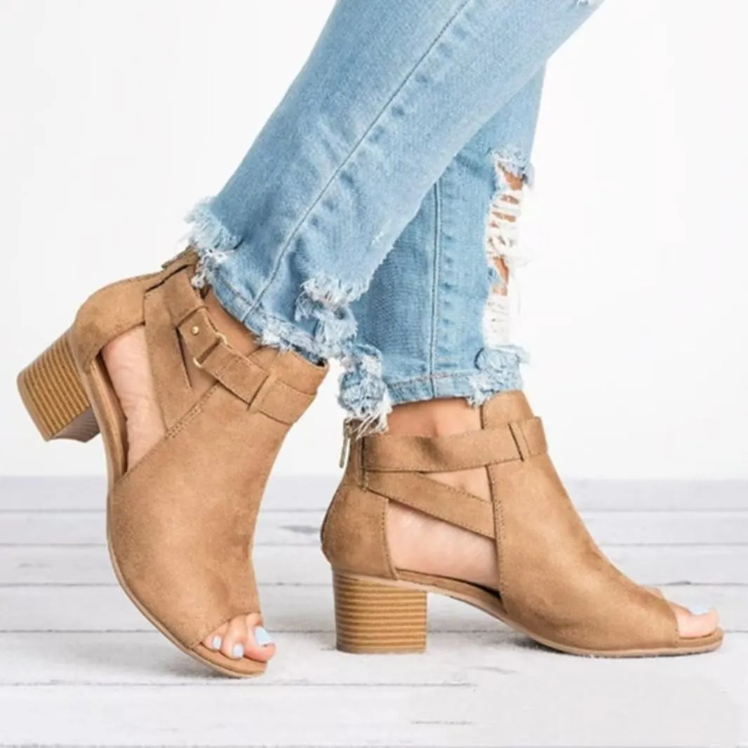 Womens Suede Peep Toe Chunky Heels Ankle Booties with Ankle Strap Cutout Wedge Back Zipper Sandals Dress Walking Boots