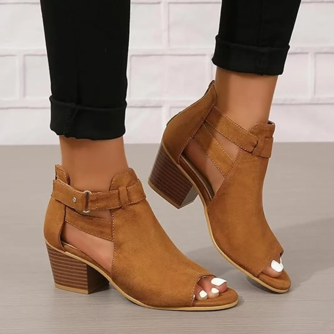 Womens Suede Peep Toe Chunky Heels Ankle Booties with Ankle Strap Cutout Wedge Back Zipper Sandals Dress Walking Boots