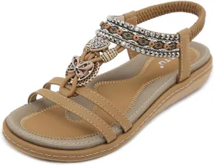 Women's Summer Bohemian Wedge Sandals Comfortable Lightweight Fashion Rhinestones T-Strap Open Toe Elastic Ankle Strap Slip-On Casual Beach Sandals
