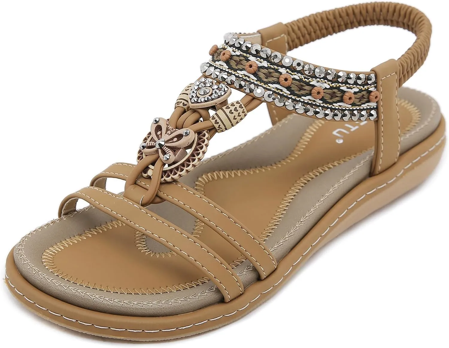Women's Summer Bohemian Wedge Sandals Comfortable Lightweight Fashion Rhinestones T-Strap Open Toe Elastic Ankle Strap Slip-On Casual Beach Sandals