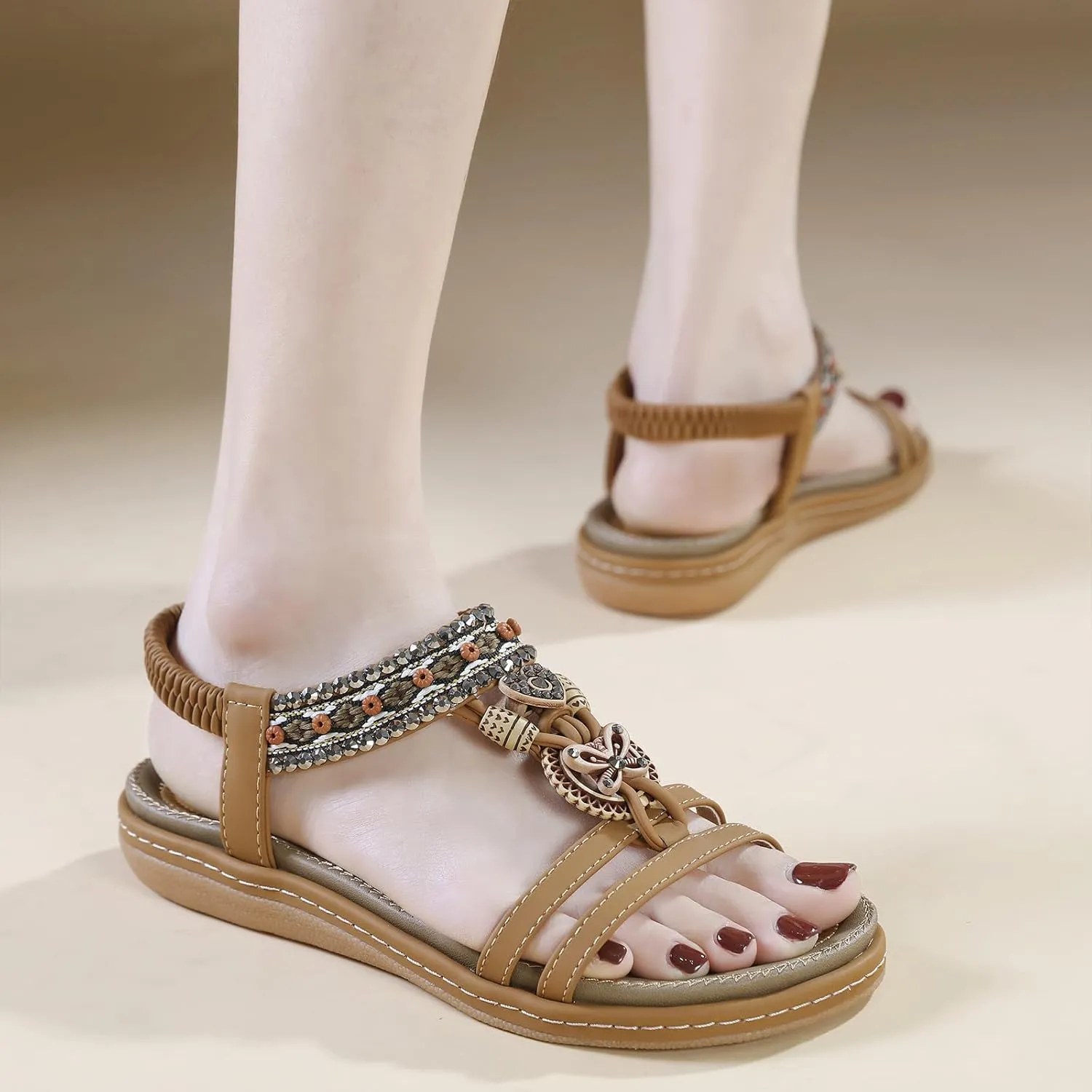 Women's Summer Bohemian Wedge Sandals Comfortable Lightweight Fashion Rhinestones T-Strap Open Toe Elastic Ankle Strap Slip-On Casual Beach Sandals