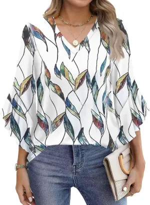 Womens Tops Dressy Casual 3/4 Length Sleeve V Neck Solid Tshirts with Flared Sleeves Summer 2025