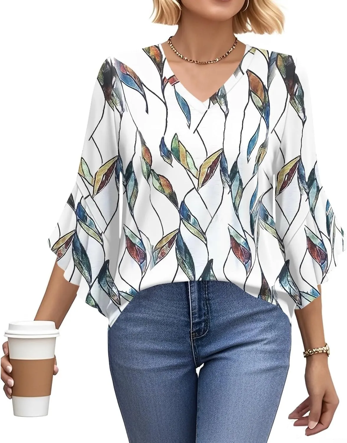Womens Tops Dressy Casual 3/4 Length Sleeve V Neck Solid Tshirts with Flared Sleeves Summer 2025