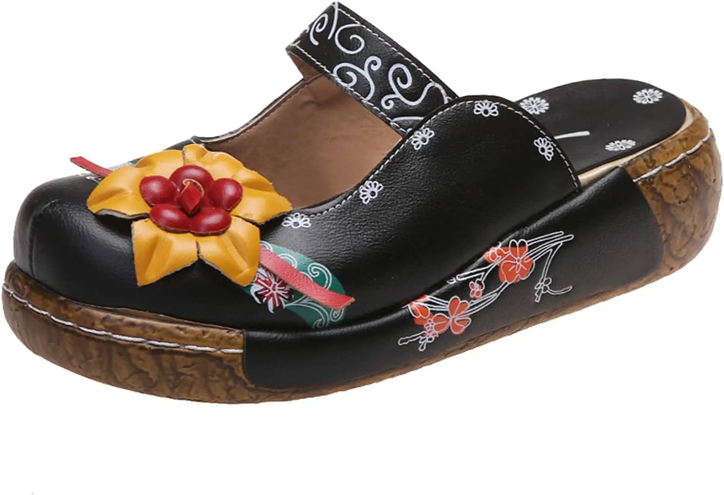 Womens Walking Sandals with Arch Support,Closed Toe Sandals Women Dressy,Handmade Ethnic Style Flower Thick Soled Women's Sandals Lightweight Sandals Casual Anti-Slip Breathable Leather Sandals
