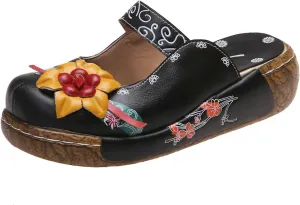 Womens Walking Sandals with Arch Support,Closed Toe Sandals Women Dressy,Handmade Ethnic Style Flower Thick Soled Women's Sandals Lightweight Sandals Casual Anti-Slip Breathable Leather Sandals