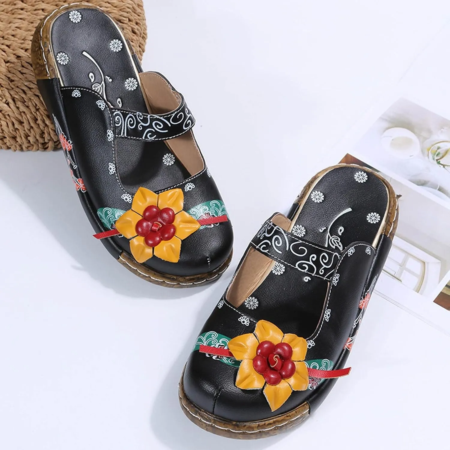 Womens Walking Sandals with Arch Support,Closed Toe Sandals Women Dressy,Handmade Ethnic Style Flower Thick Soled Women's Sandals Lightweight Sandals Casual Anti-Slip Breathable Leather Sandals