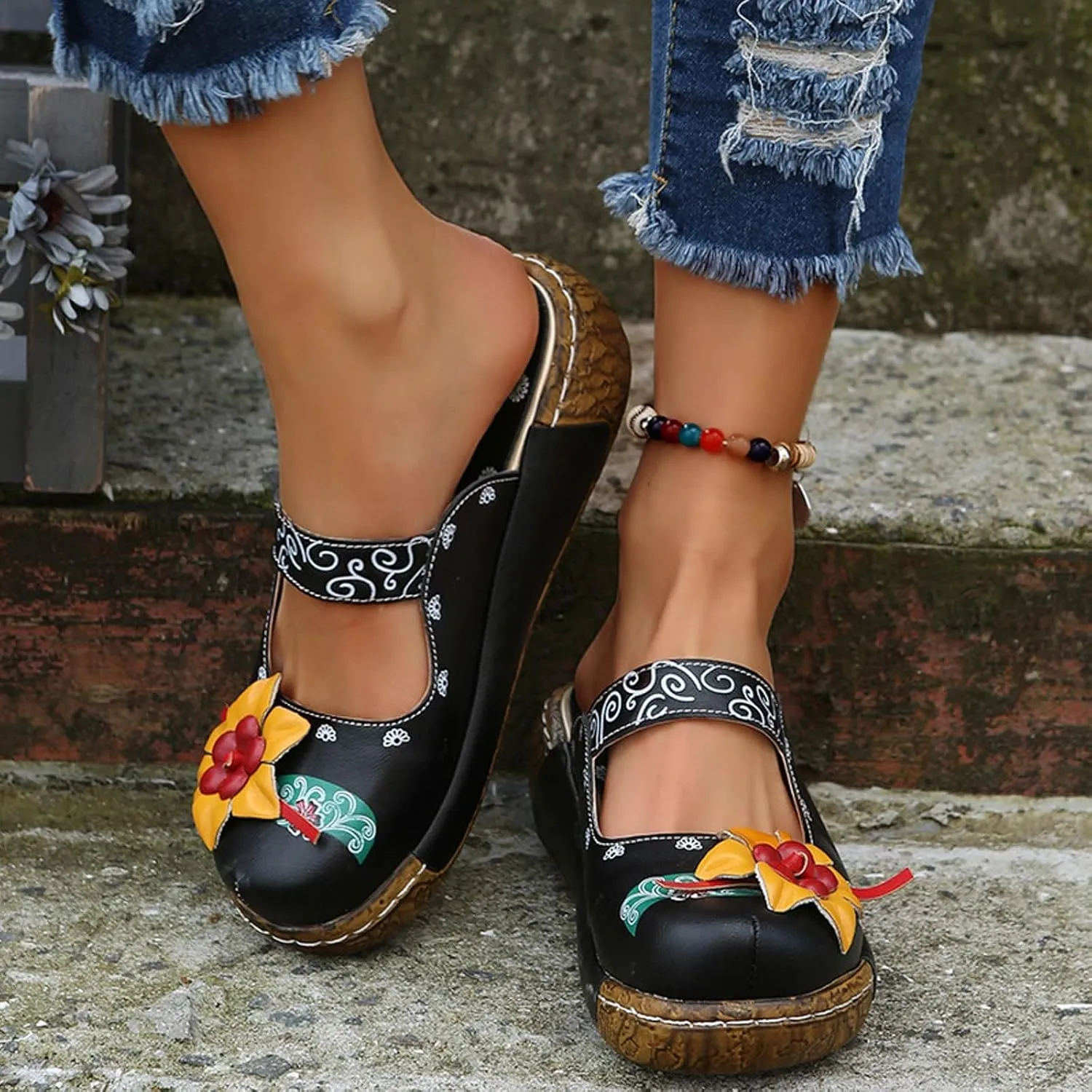 Womens Walking Sandals with Arch Support,Closed Toe Sandals Women Dressy,Handmade Ethnic Style Flower Thick Soled Women's Sandals Lightweight Sandals Casual Anti-Slip Breathable Leather Sandals