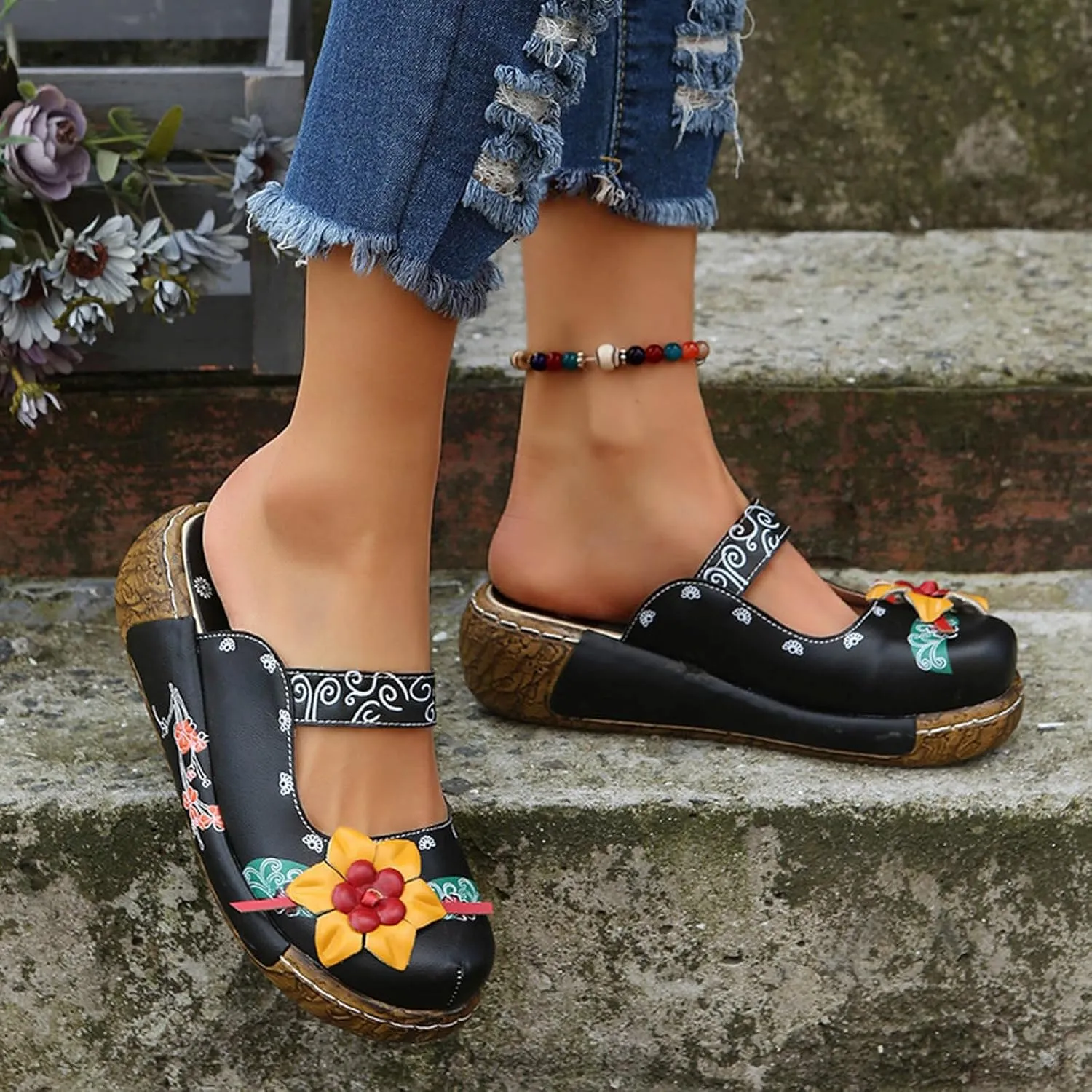 Womens Walking Sandals with Arch Support,Closed Toe Sandals Women Dressy,Handmade Ethnic Style Flower Thick Soled Women's Sandals Lightweight Sandals Casual Anti-Slip Breathable Leather Sandals