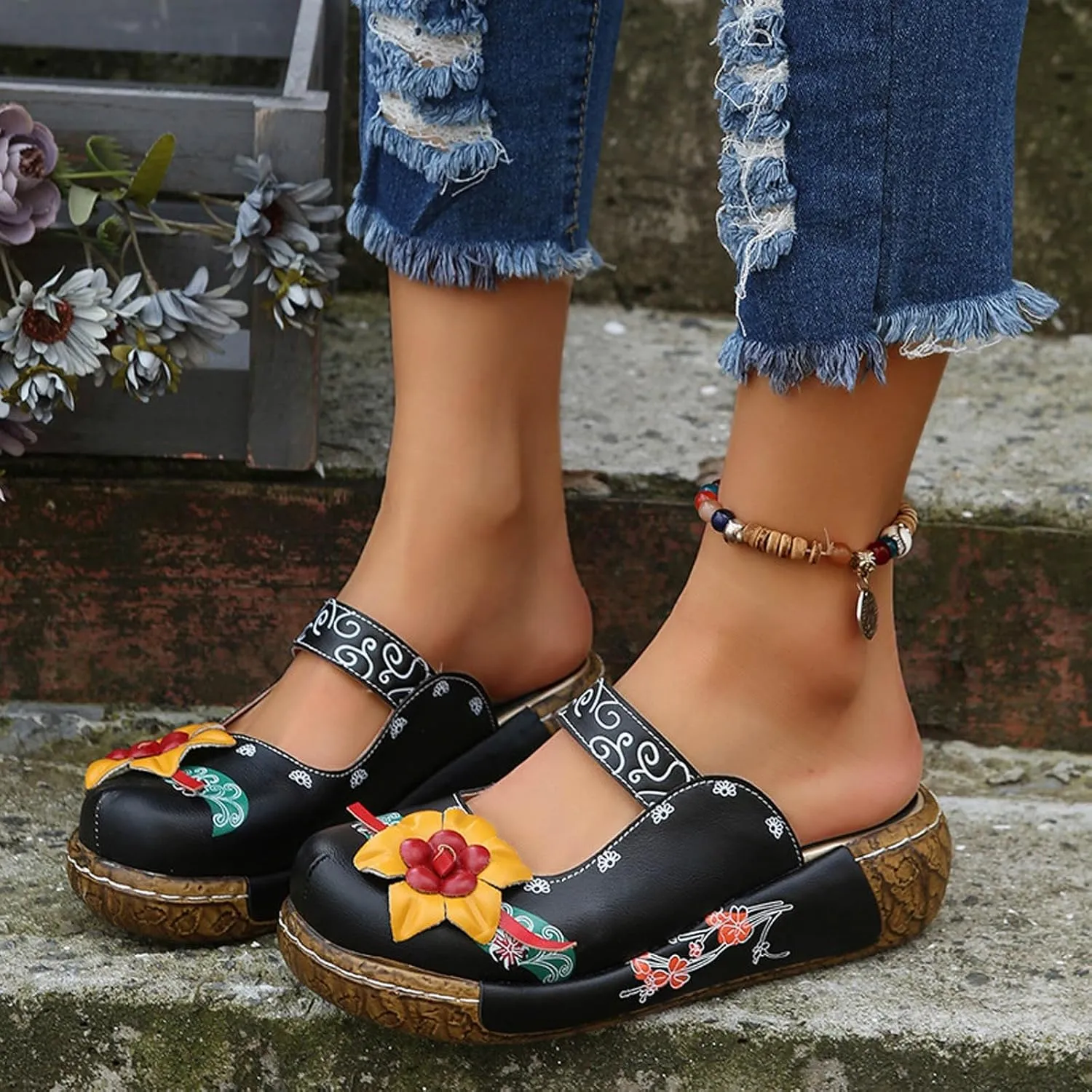 Womens Walking Sandals with Arch Support,Closed Toe Sandals Women Dressy,Handmade Ethnic Style Flower Thick Soled Women's Sandals Lightweight Sandals Casual Anti-Slip Breathable Leather Sandals