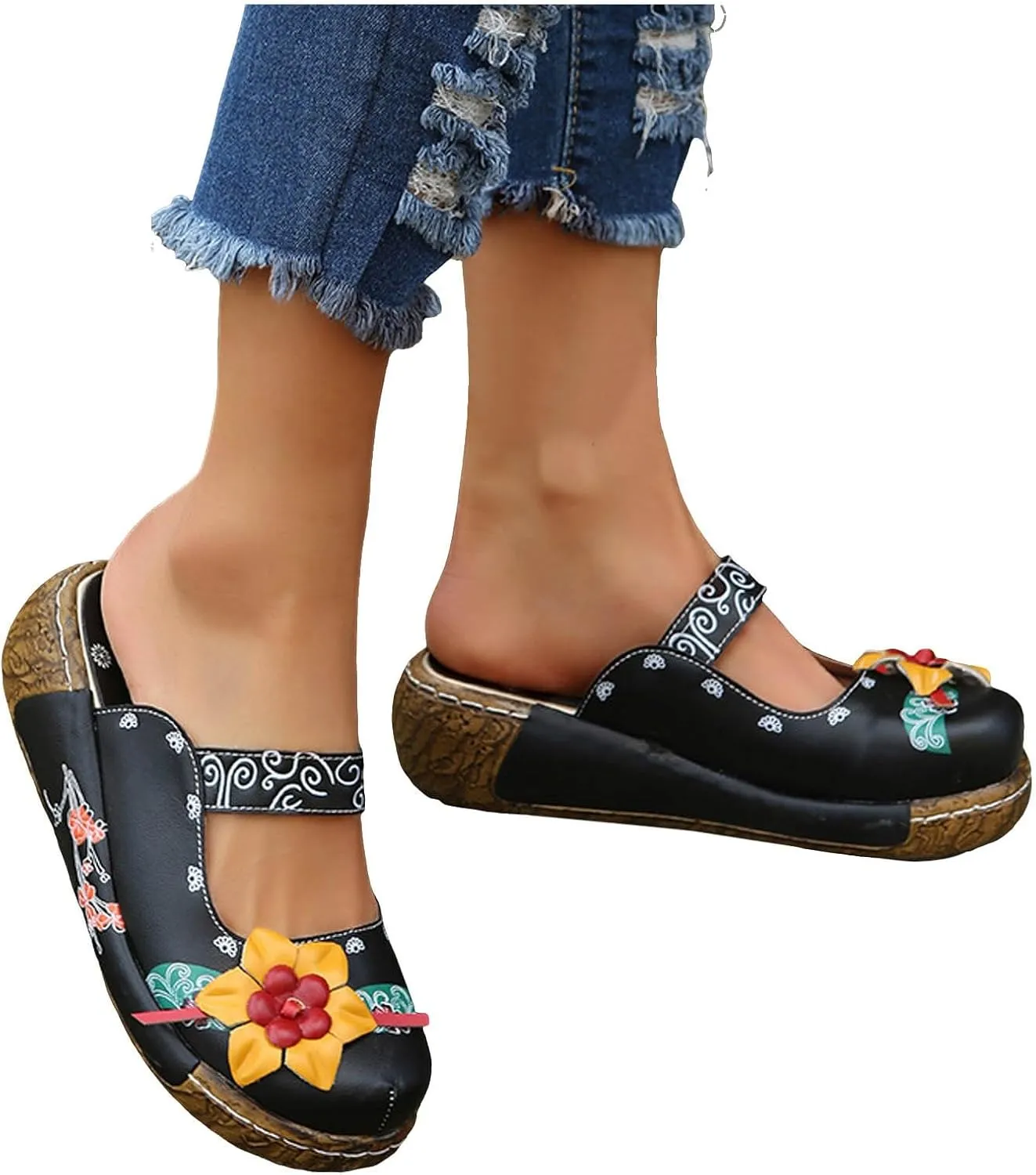 Womens Walking Sandals with Arch Support,Closed Toe Sandals Women Dressy,Handmade Ethnic Style Flower Thick Soled Women's Sandals Lightweight Sandals Casual Anti-Slip Breathable Leather Sandals