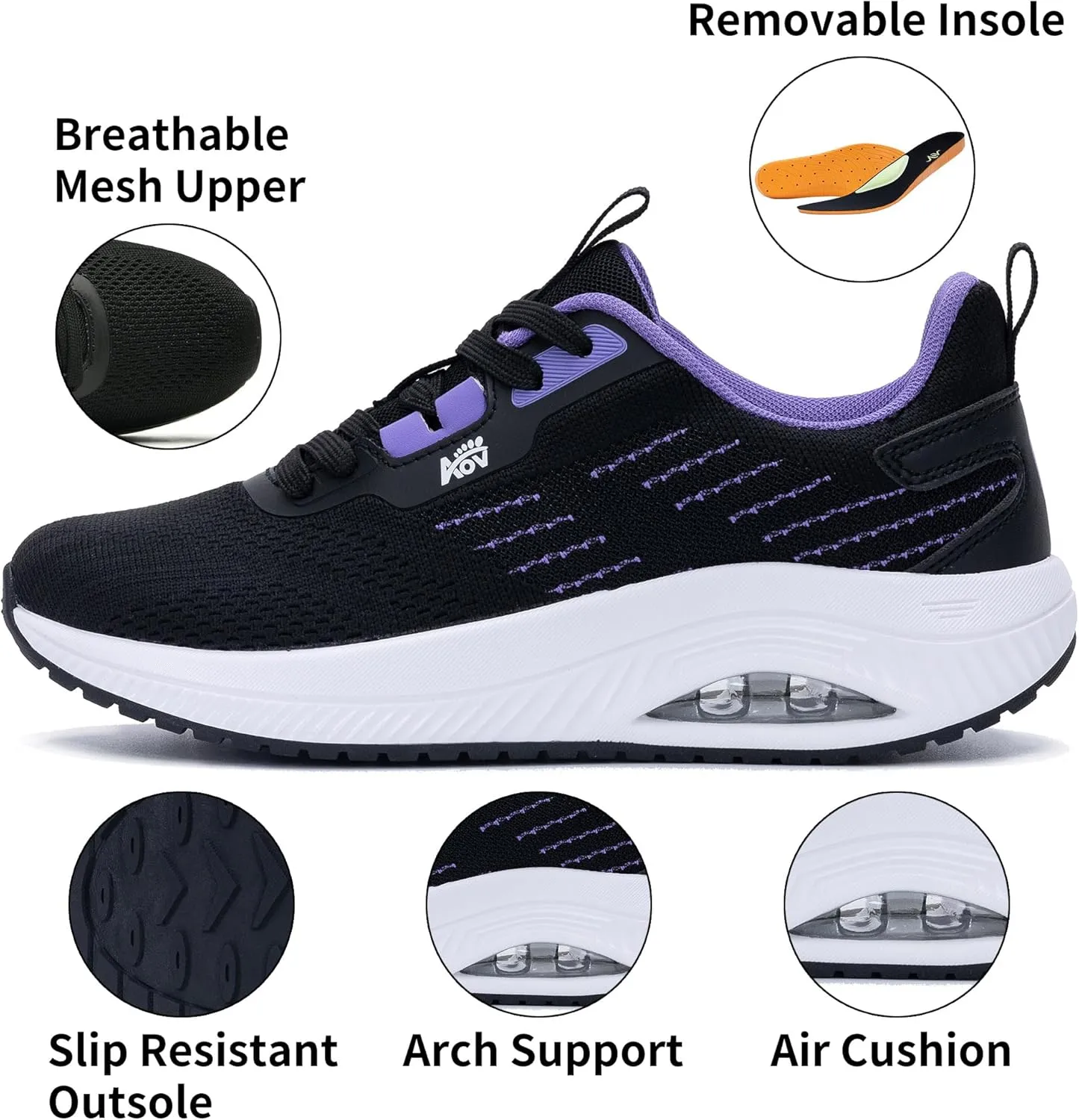 Women's Walking Shoes with Arch Support Orthotic Sneakers for Plantar Fasciitis Heel and Foot Pain Relief Tennis PurpleBlack Size 9