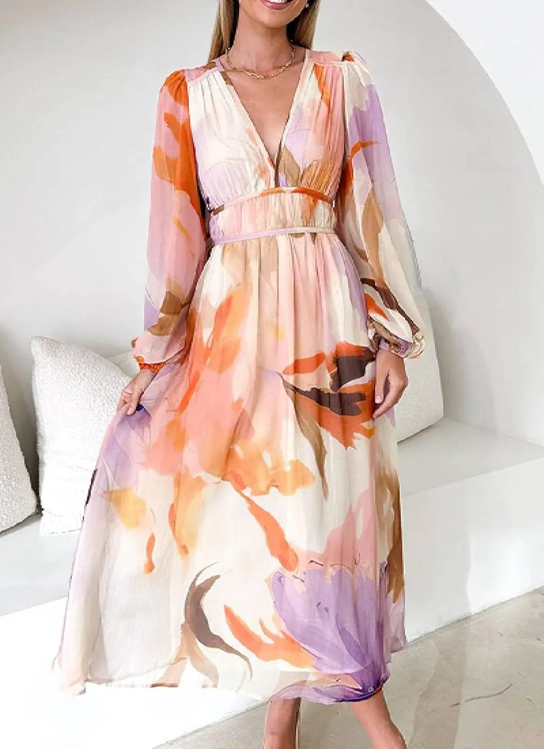 Women's Watercolor Print Casual Summer V Neck Puff Short Sleeve Maxi Dress Flowy Wedding Guest Beach Vacation Sundress