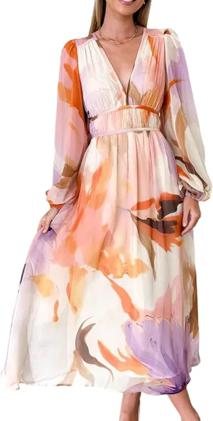 Women's Watercolor Print Casual Summer V Neck Puff Short Sleeve Maxi Dress Flowy Wedding Guest Beach Vacation Sundress