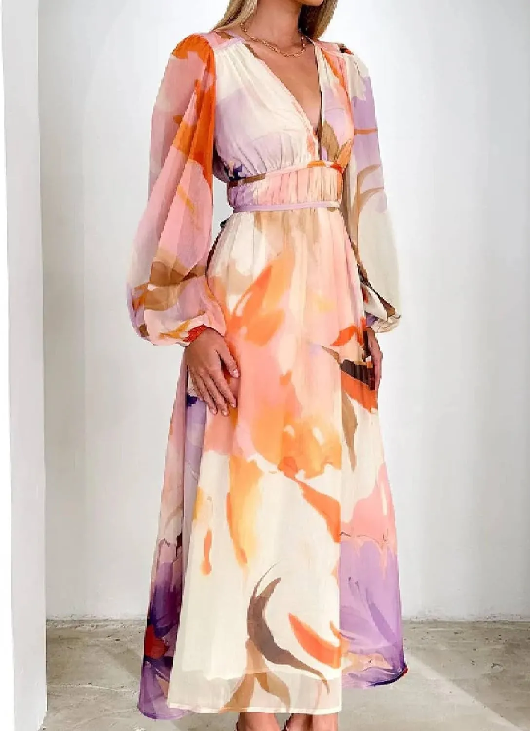 Women's Watercolor Print Casual Summer V Neck Puff Short Sleeve Maxi Dress Flowy Wedding Guest Beach Vacation Sundress