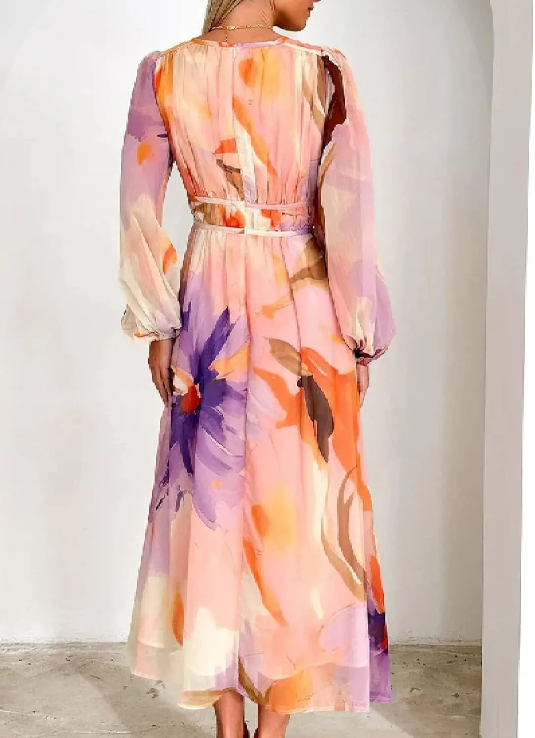 Women's Watercolor Print Casual Summer V Neck Puff Short Sleeve Maxi Dress Flowy Wedding Guest Beach Vacation Sundress