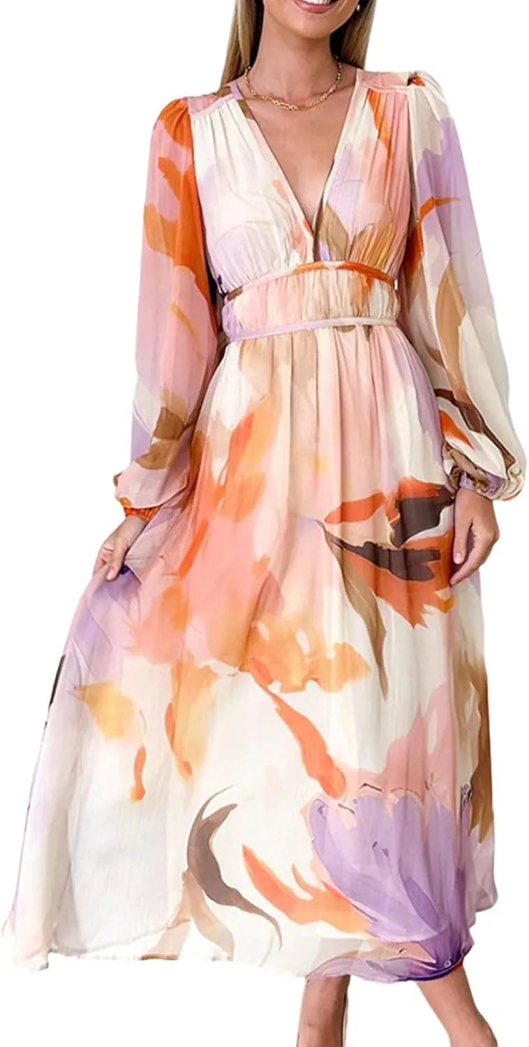 Women's Watercolor Print Casual Summer V Neck Puff Short Sleeve Maxi Dress Flowy Wedding Guest Beach Vacation Sundress