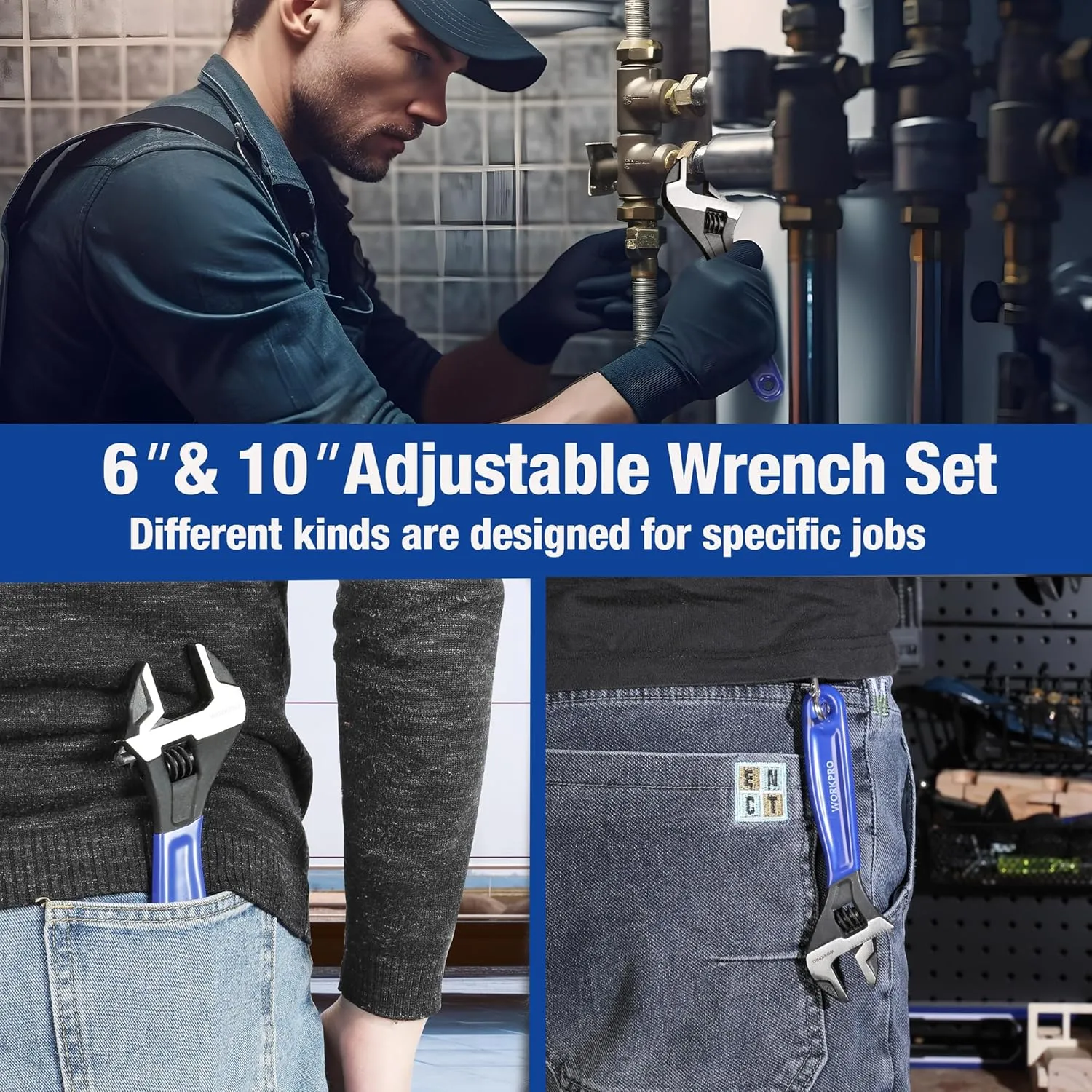 WORKPRO 2-piece Adjustable Wrench Set, 6-Inch & 10-Inch Wrenches, Wide Jaw Black Oxide Wrench, Metric & SAE Scales, Cr-V Steel, for Home, Garage, Workshop