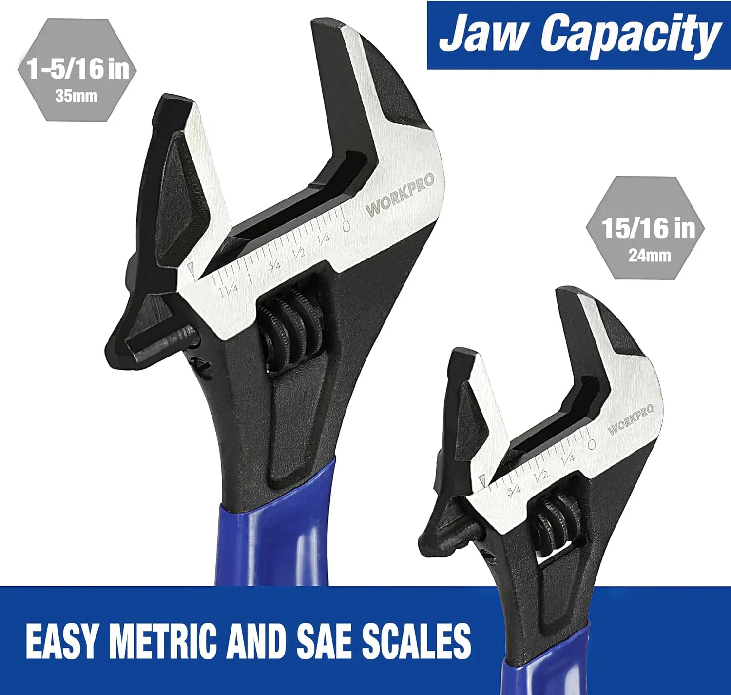 WORKPRO 2-piece Adjustable Wrench Set, 6-Inch & 10-Inch Wrenches, Wide Jaw Black Oxide Wrench, Metric & SAE Scales, Cr-V Steel, for Home, Garage, Workshop