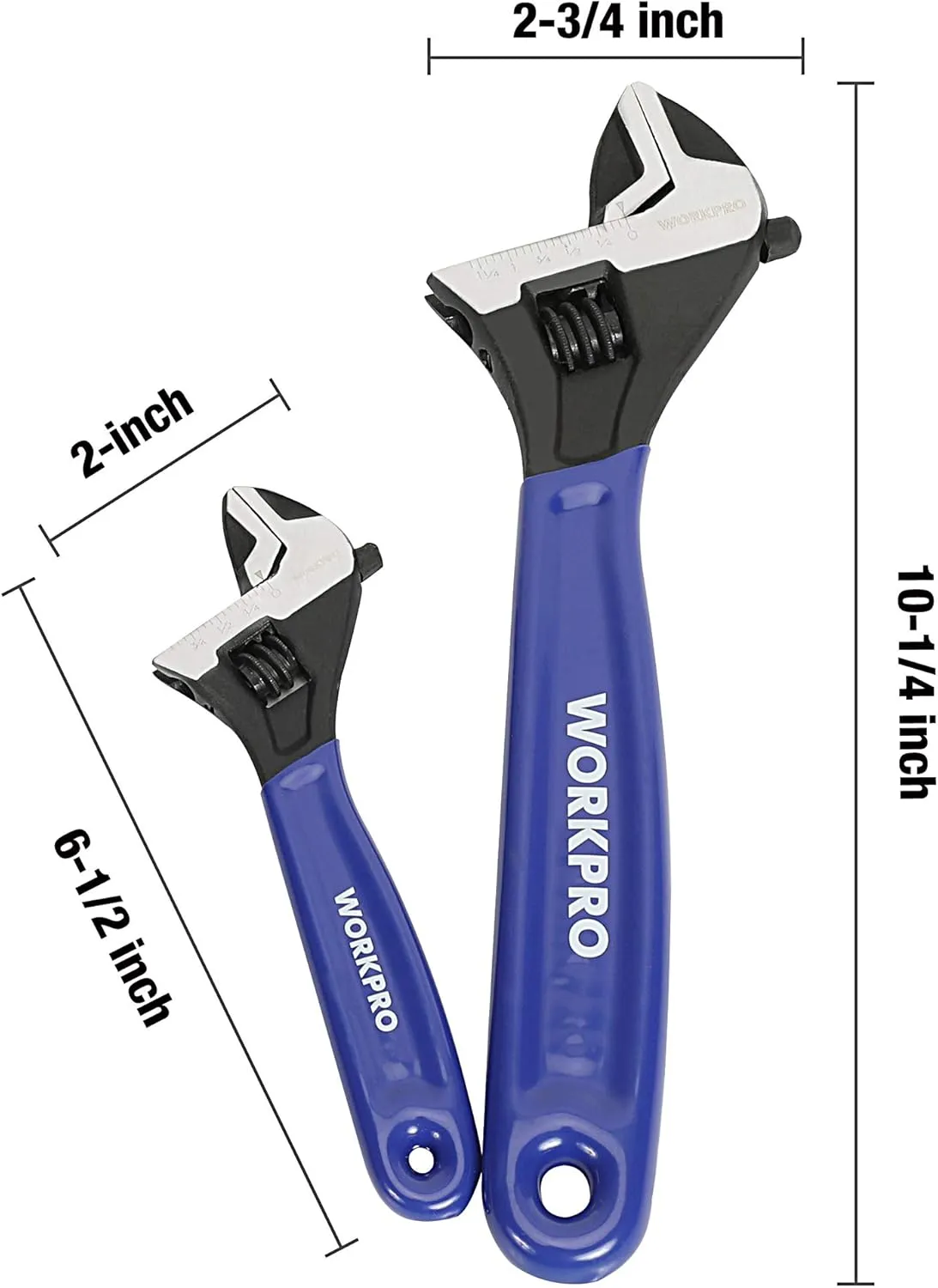 WORKPRO 2-piece Adjustable Wrench Set, 6-Inch & 10-Inch Wrenches, Wide Jaw Black Oxide Wrench, Metric & SAE Scales, Cr-V Steel, for Home, Garage, Workshop