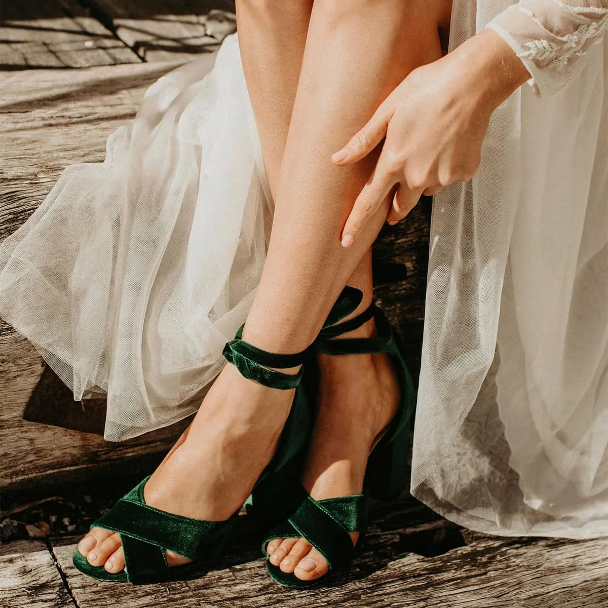 XYD Women Velvet Block Heel Dress Sandals Open Toe Ankle Strap Tie-up Pumps Dating Wedding Summer Shoes
