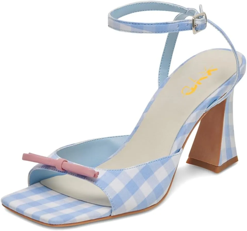 XYD Women's Sweet Plaid Ankle Strap Sandals Flared Mid Heels Square Open Toe Bowknot Countryside Style Dress Shoes