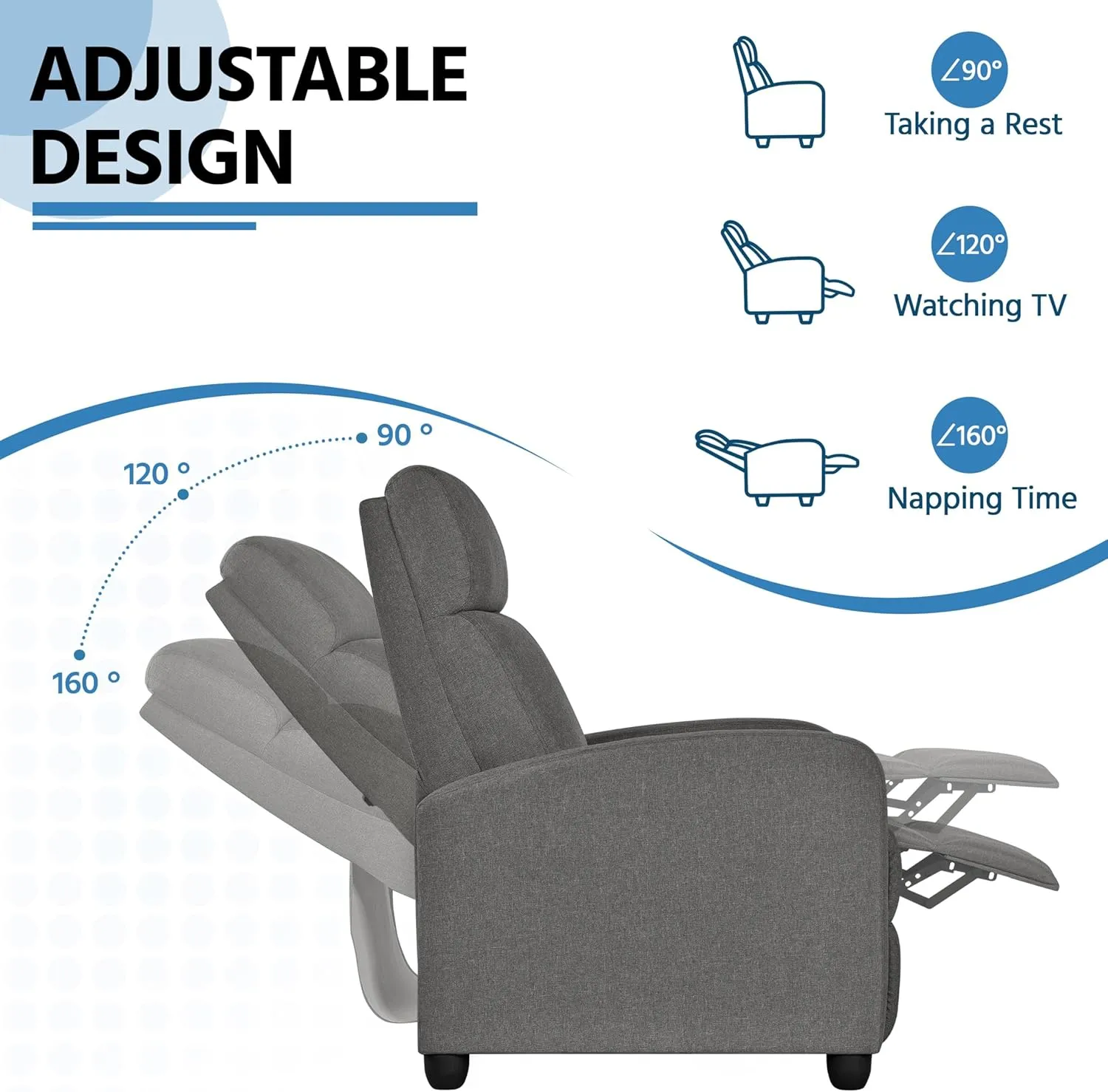 Yaheetech Fabric Recliner Chair Sofa Ergonomic Adjustable Single Sofa with Thicker Seat Cushion Modern Home Theater Seating for Living Room Matte Grey