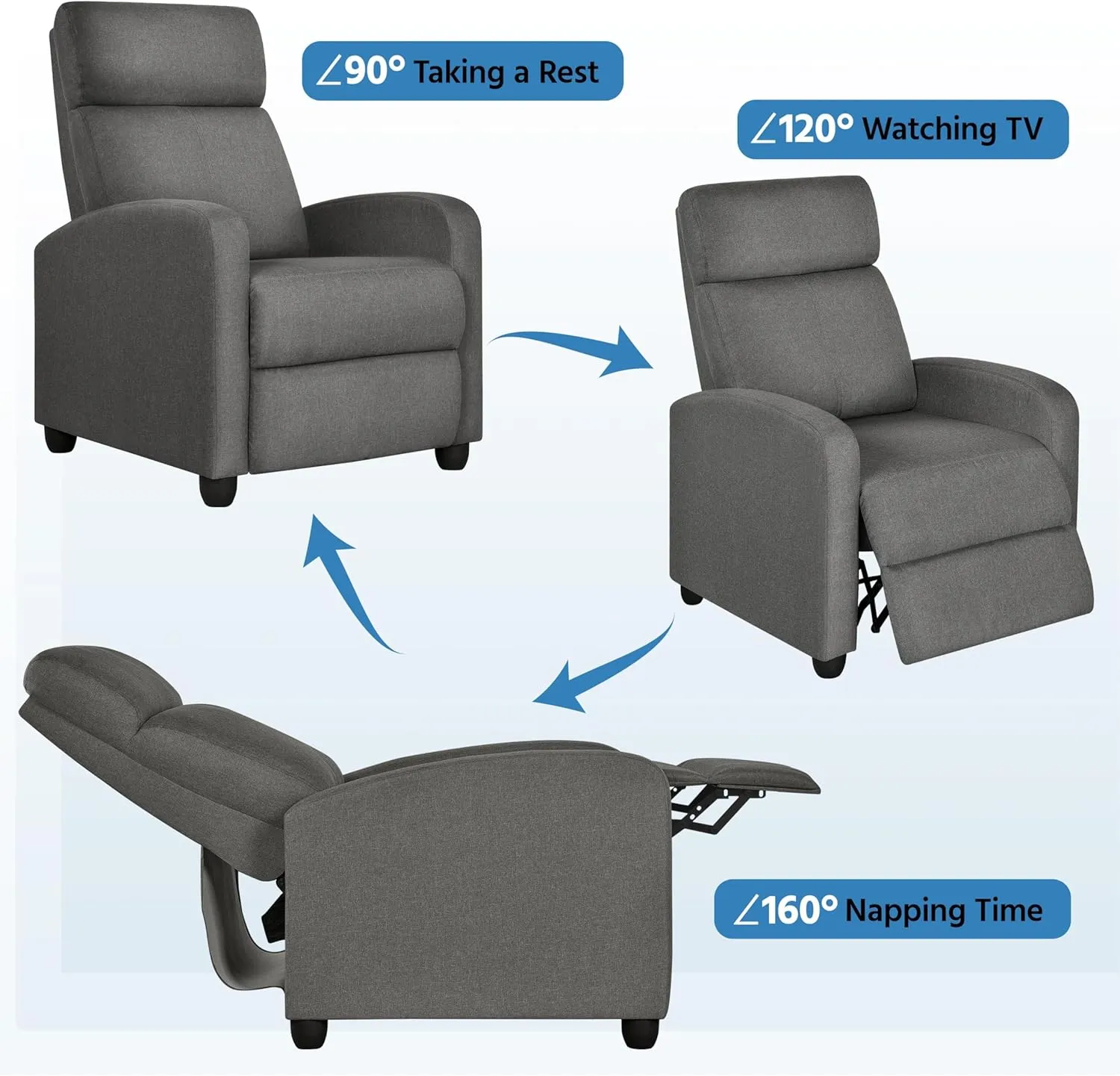 Yaheetech Fabric Recliner Chair Sofa Ergonomic Adjustable Single Sofa with Thicker Seat Cushion Modern Home Theater Seating for Living Room Matte Grey