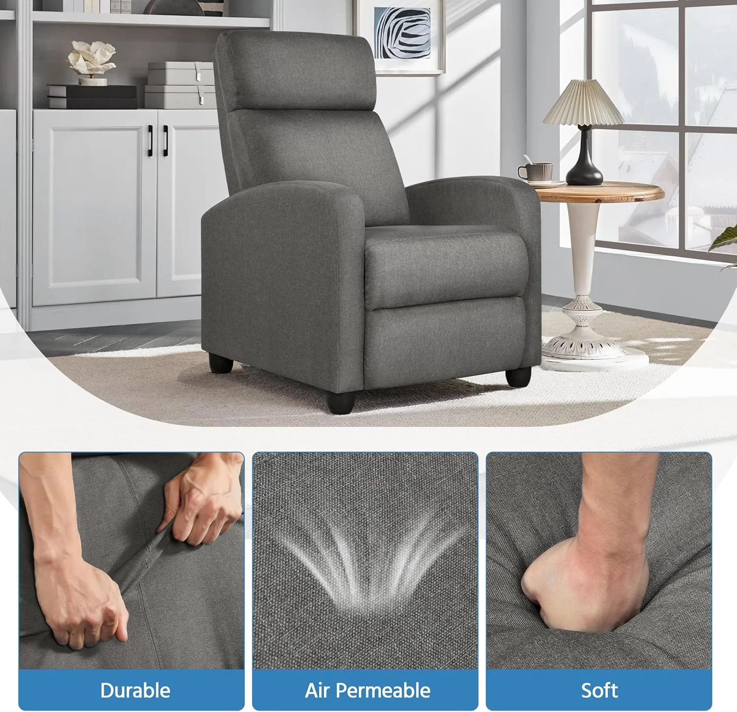 Yaheetech Fabric Recliner Chair Sofa Ergonomic Adjustable Single Sofa with Thicker Seat Cushion Modern Home Theater Seating for Living Room Matte Grey