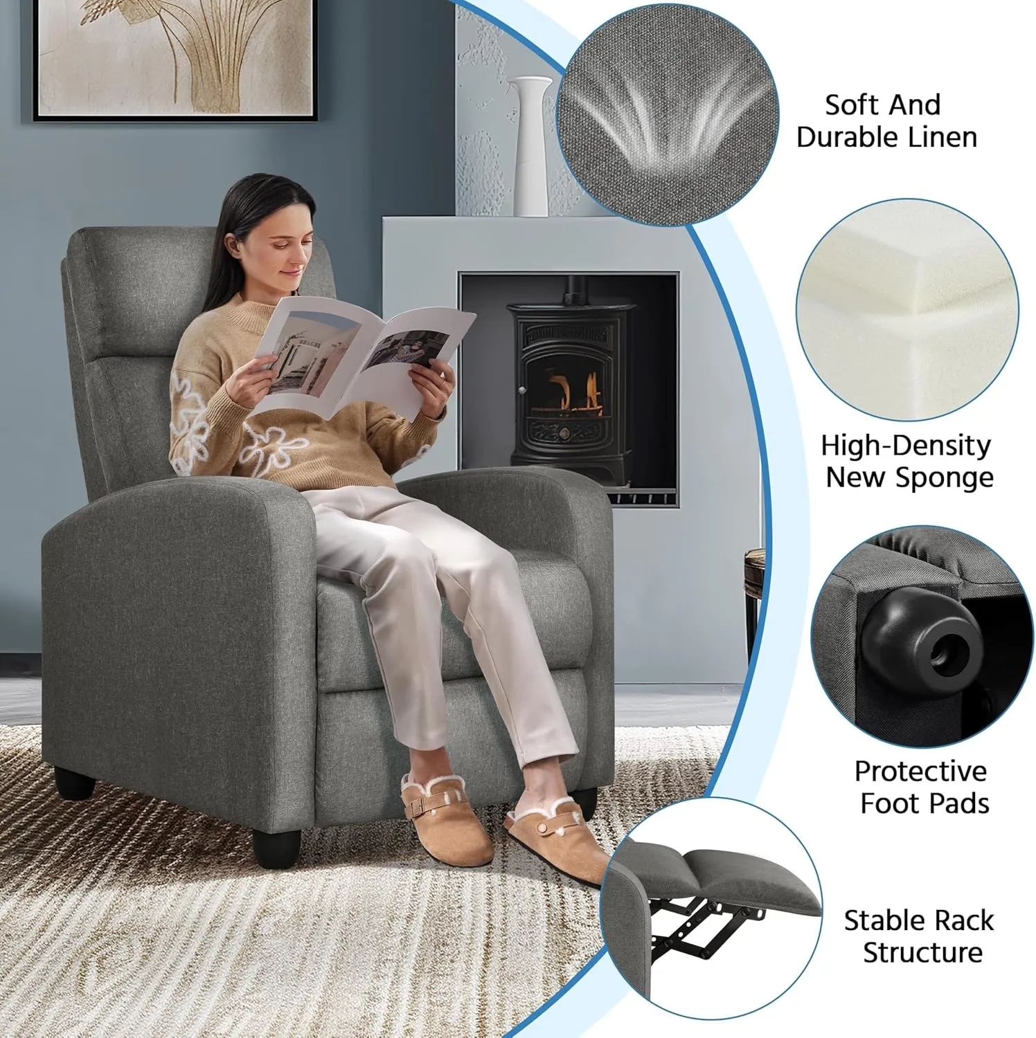 Yaheetech Fabric Recliner Chair Sofa Ergonomic Adjustable Single Sofa with Thicker Seat Cushion Modern Home Theater Seating for Living Room Matte Grey