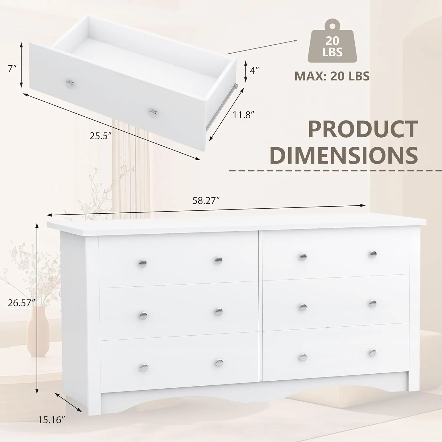 YESHOMY Dresser for Bedroom, 6 Drawer Dressers, Wide Modern TV Stand with Drawers, Laundry, Office, Hallway(White)