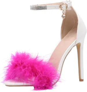YIBLBOX Women's Open Toe Sandal Fluffy Feather Ankle Strap High Heel Shoes with Rhinestone