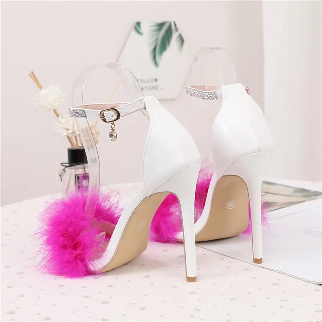 YIBLBOX Women's Open Toe Sandal Fluffy Feather Ankle Strap High Heel Shoes with Rhinestone