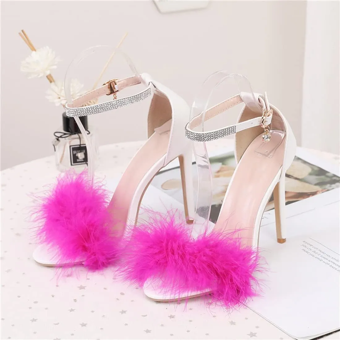 YIBLBOX Women's Open Toe Sandal Fluffy Feather Ankle Strap High Heel Shoes with Rhinestone