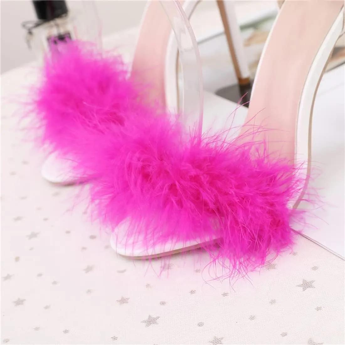 YIBLBOX Women's Open Toe Sandal Fluffy Feather Ankle Strap High Heel Shoes with Rhinestone