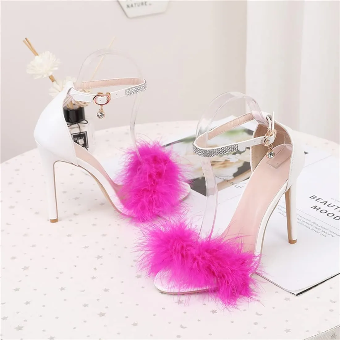 YIBLBOX Women's Open Toe Sandal Fluffy Feather Ankle Strap High Heel Shoes with Rhinestone