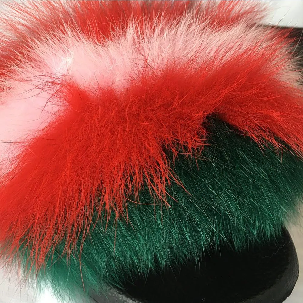 Yu Li Women Real Fox Fur Feather Vegan Leather Open Toe Single Strap Slip On Sandal