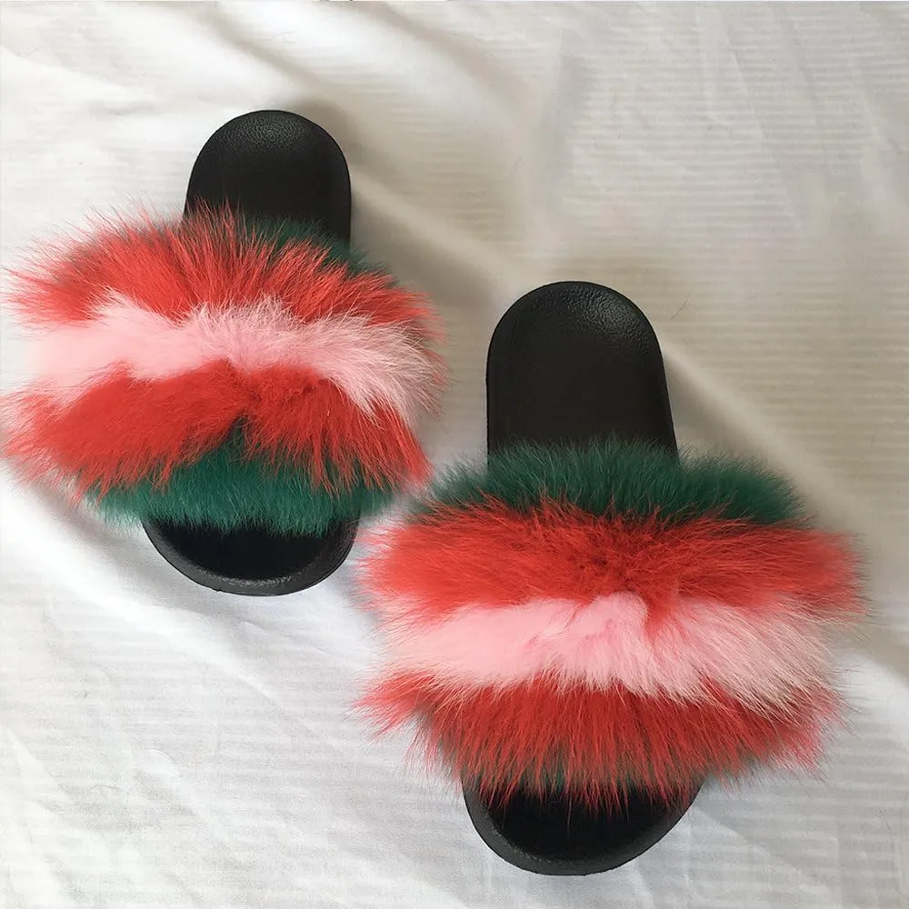 Yu Li Women Real Fox Fur Feather Vegan Leather Open Toe Single Strap Slip On Sandal