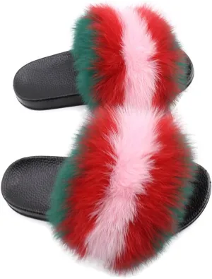 Yu Li Women Real Fox Fur Feather Vegan Leather Open Toe Single Strap Slip On Sandal