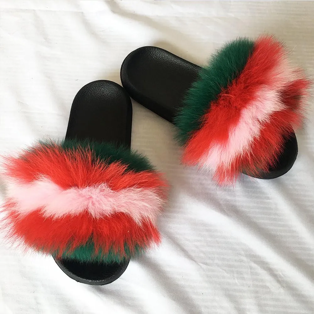 Yu Li Women Real Fox Fur Feather Vegan Leather Open Toe Single Strap Slip On Sandal