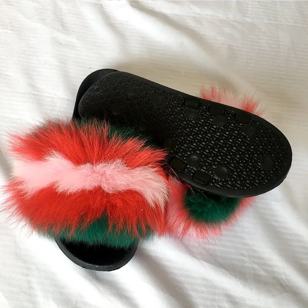 Yu Li Women Real Fox Fur Feather Vegan Leather Open Toe Single Strap Slip On Sandal