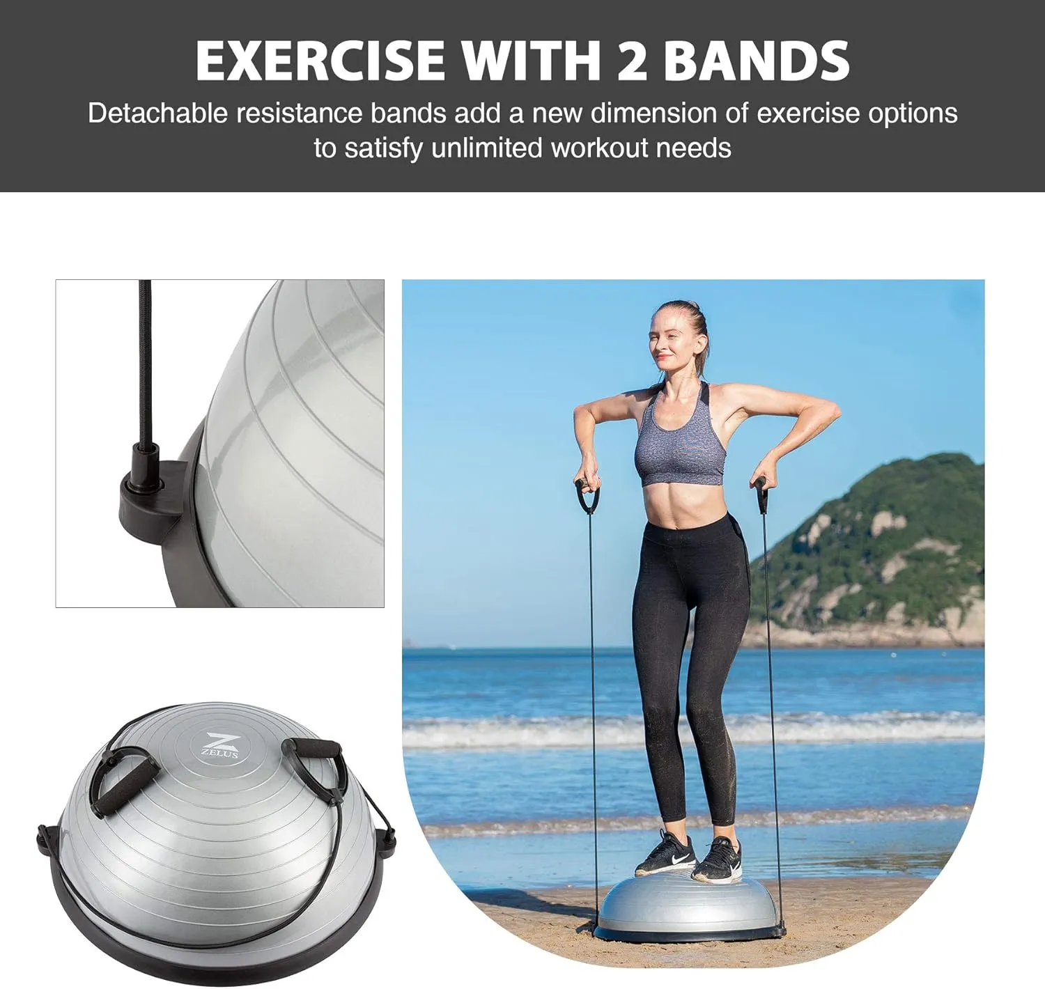 ZELUS Balance Ball Trainer with Resistance Bands and Foot Pump, Inflatable Yoga Ball for Home Gym Workouts, 23 Inch Exercise Half Ball for Balance Training Core Strength Fitness More, 330lb Cap