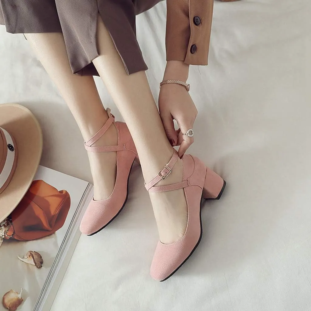 ZSQBQ Women Chunky Heel Shoes Fashion Casual Cross Ankle Strap Square Toe Wedding Party Dress High Heels Pumps